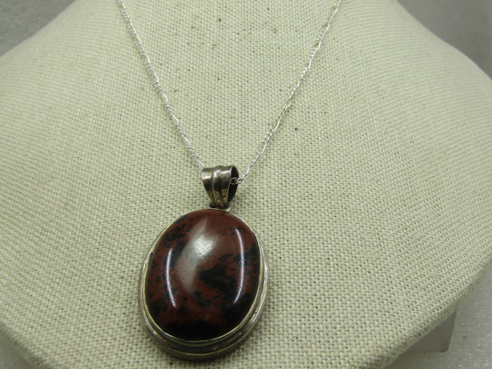 Vintage Sterling Brown & Black Jasper Pendant with 20" Figaro Chain - 2