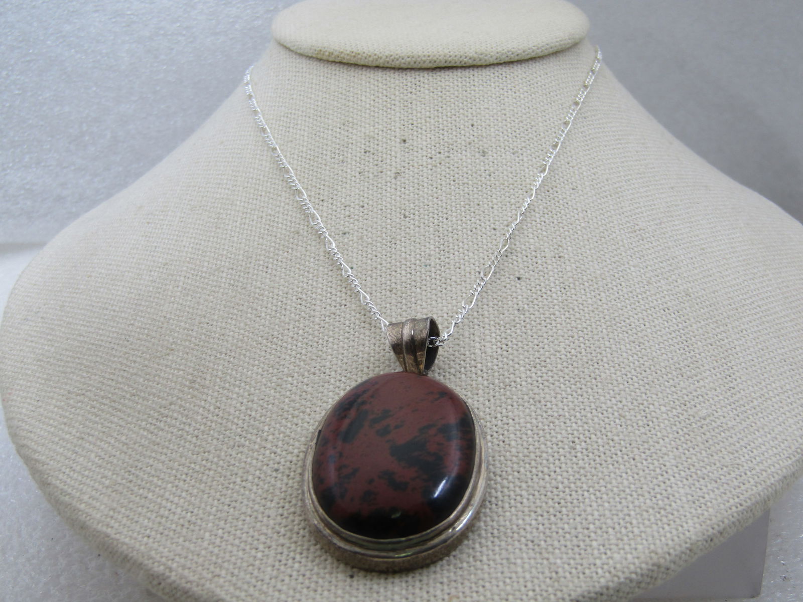 Vintage Sterling Brown & Black Jasper Pendant with 20" Figaro Chain - 3