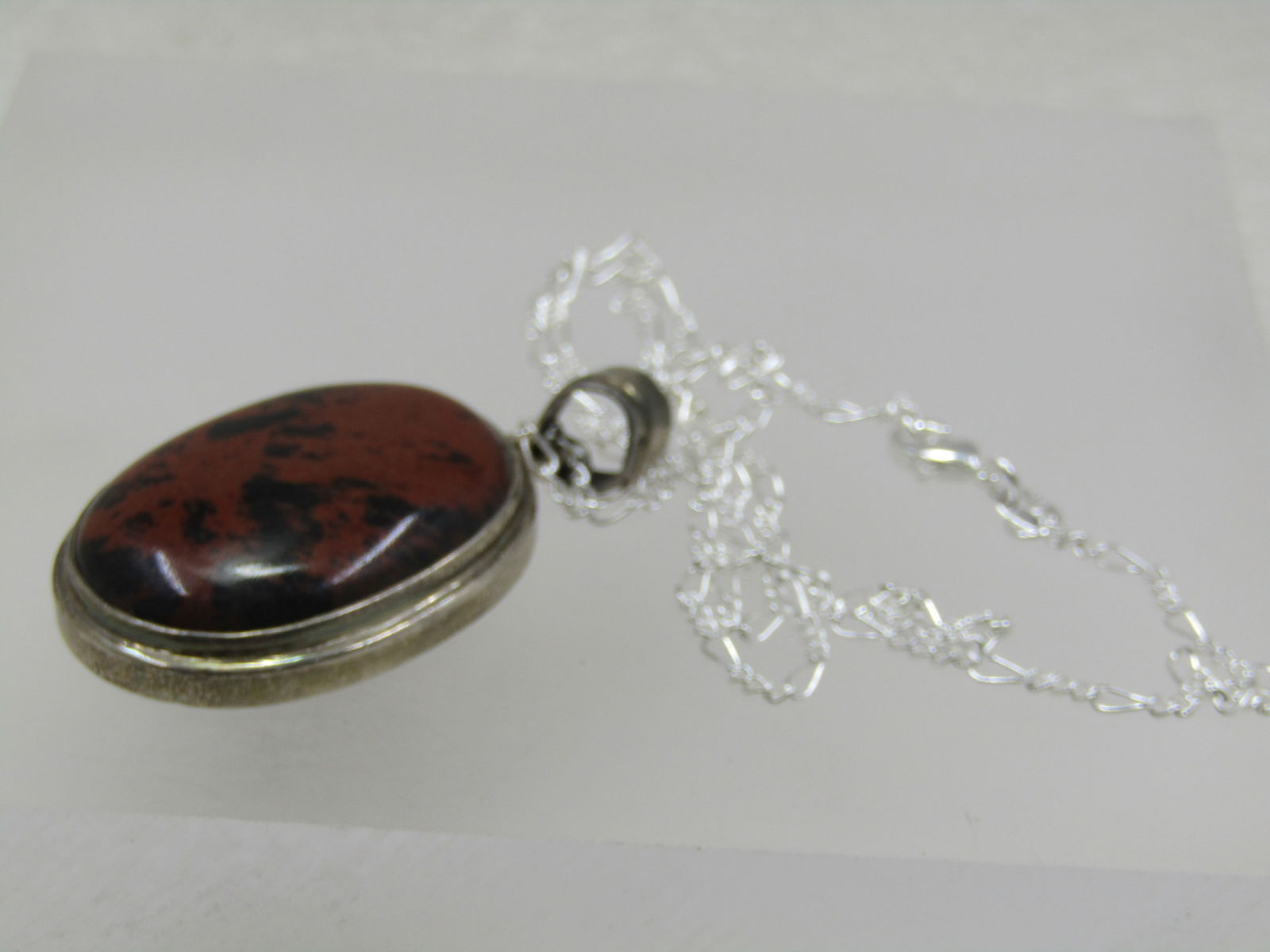 Vintage Sterling Brown & Black Jasper Pendant with 20" Figaro Chain - 7