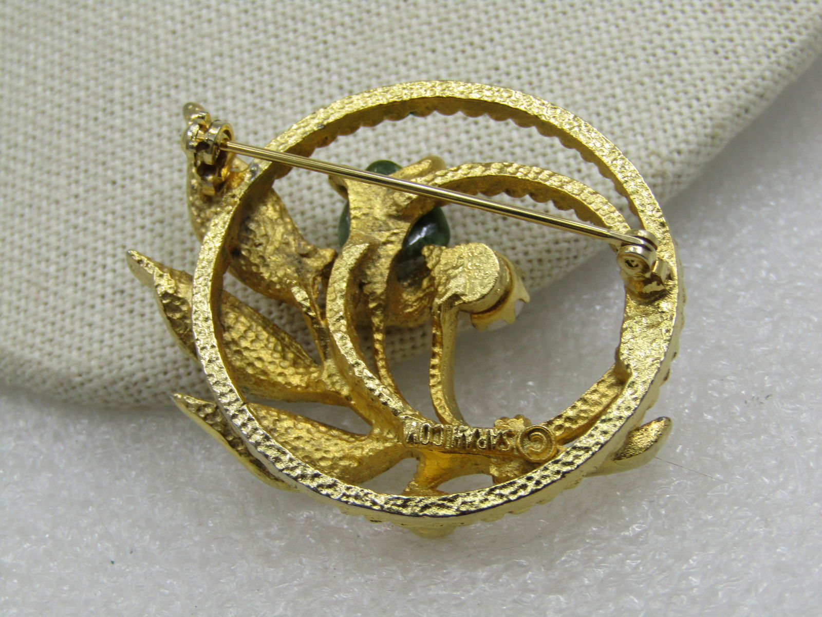 Vintage Green Agate Faux Pearl Circle Brooch with Leaves, 1960's - 5