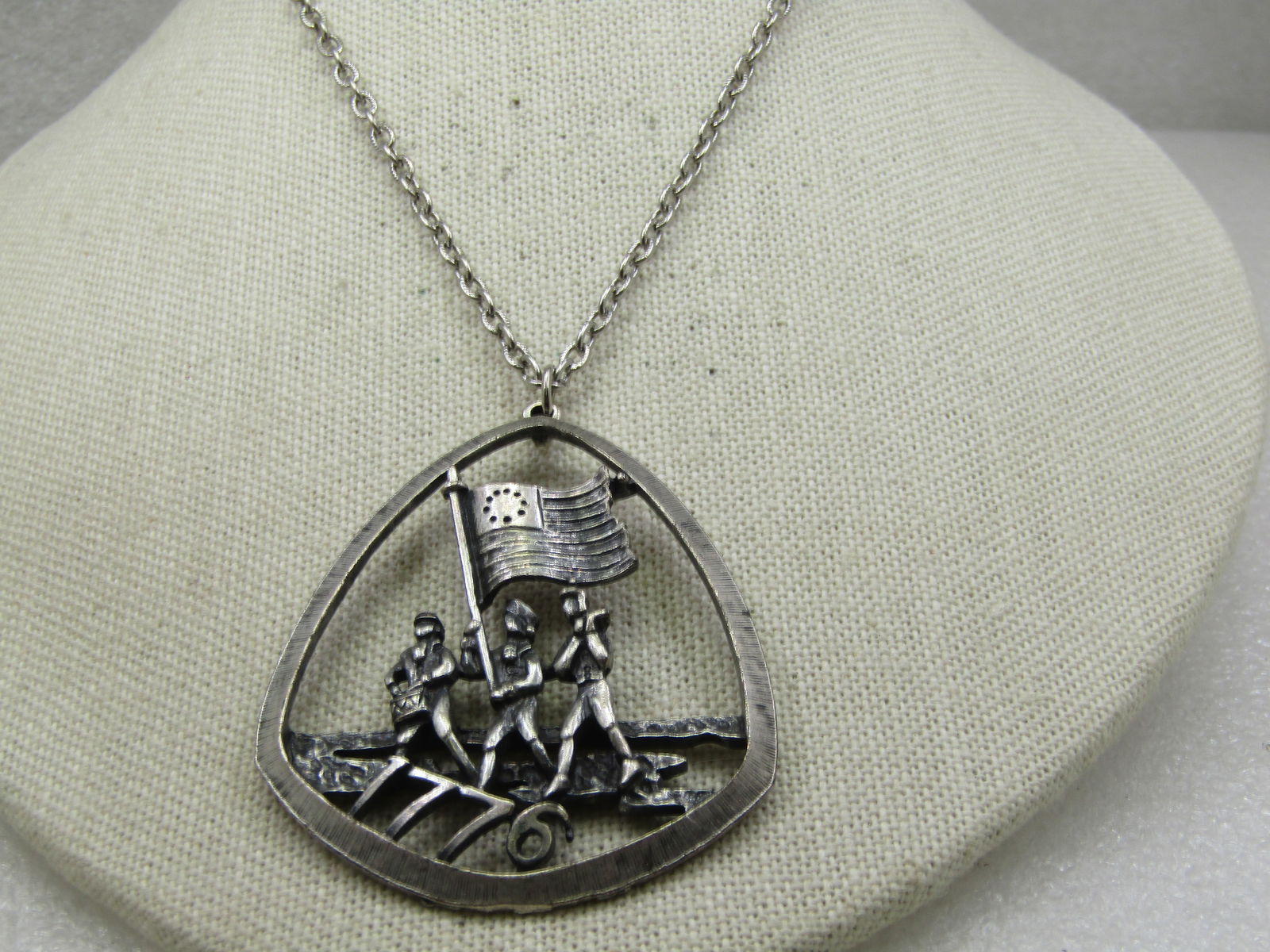 Vintage Bicentennial Drummer & Fifer Flag Necklace, 1776, Silver Tone, 24": Title: Vintage Bicentennial Drummer & Fifer Flag Necklace, 1776, Silver Tone, 24" Description: Vintage Bicentennial Drummer & Fifer Flag Necklace, 1776, Silver Tone, 24". Silver tone with a 2-3/8"