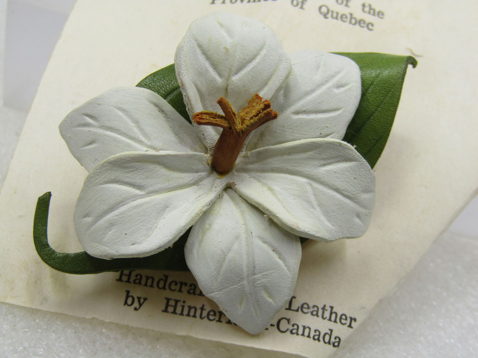 Vintage Leather Garden Lily Brooch, Hinterland-Canada, On Card - 2
