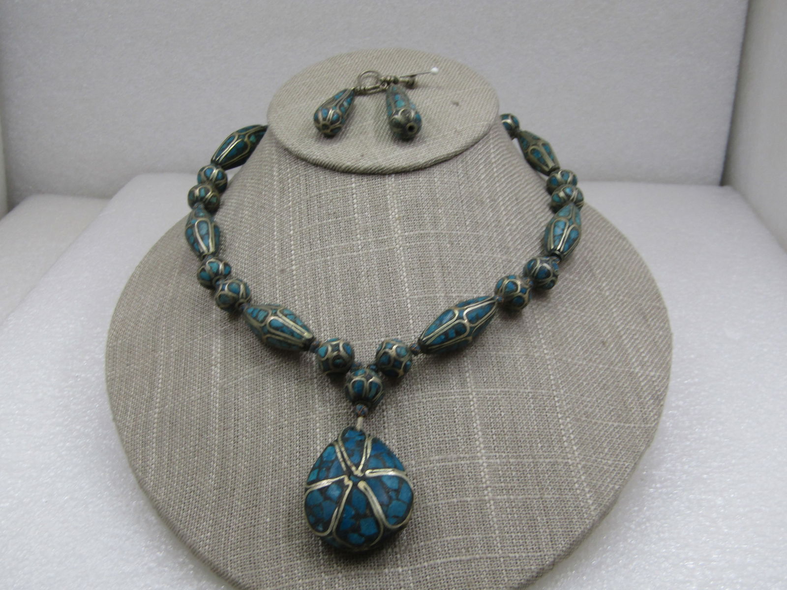 Vintage Inlaid Turquoise or Eilat Stone Necklace & Earrings, 1950's or Pre 1950's - 2