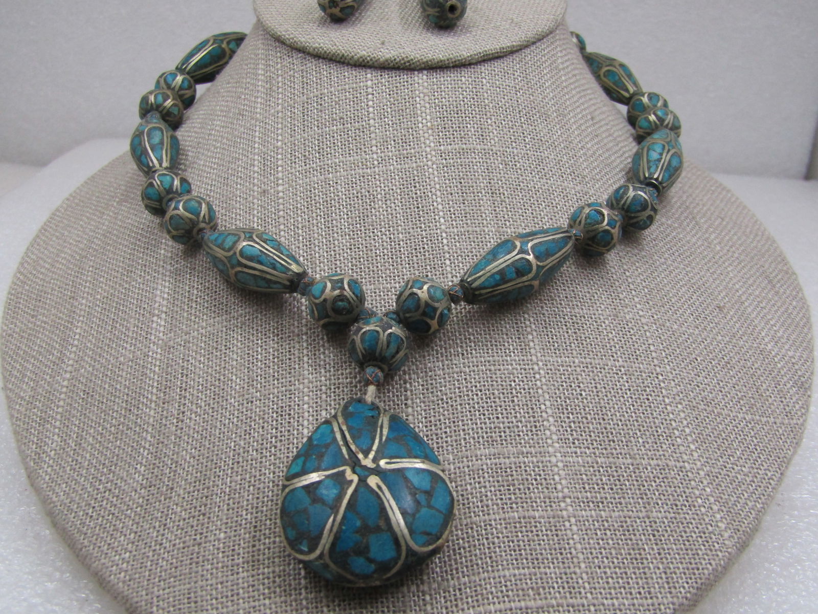 Vintage Inlaid Turquoise or Eilat Stone Necklace & Earrings, 1950's or Pre 1950's - 4