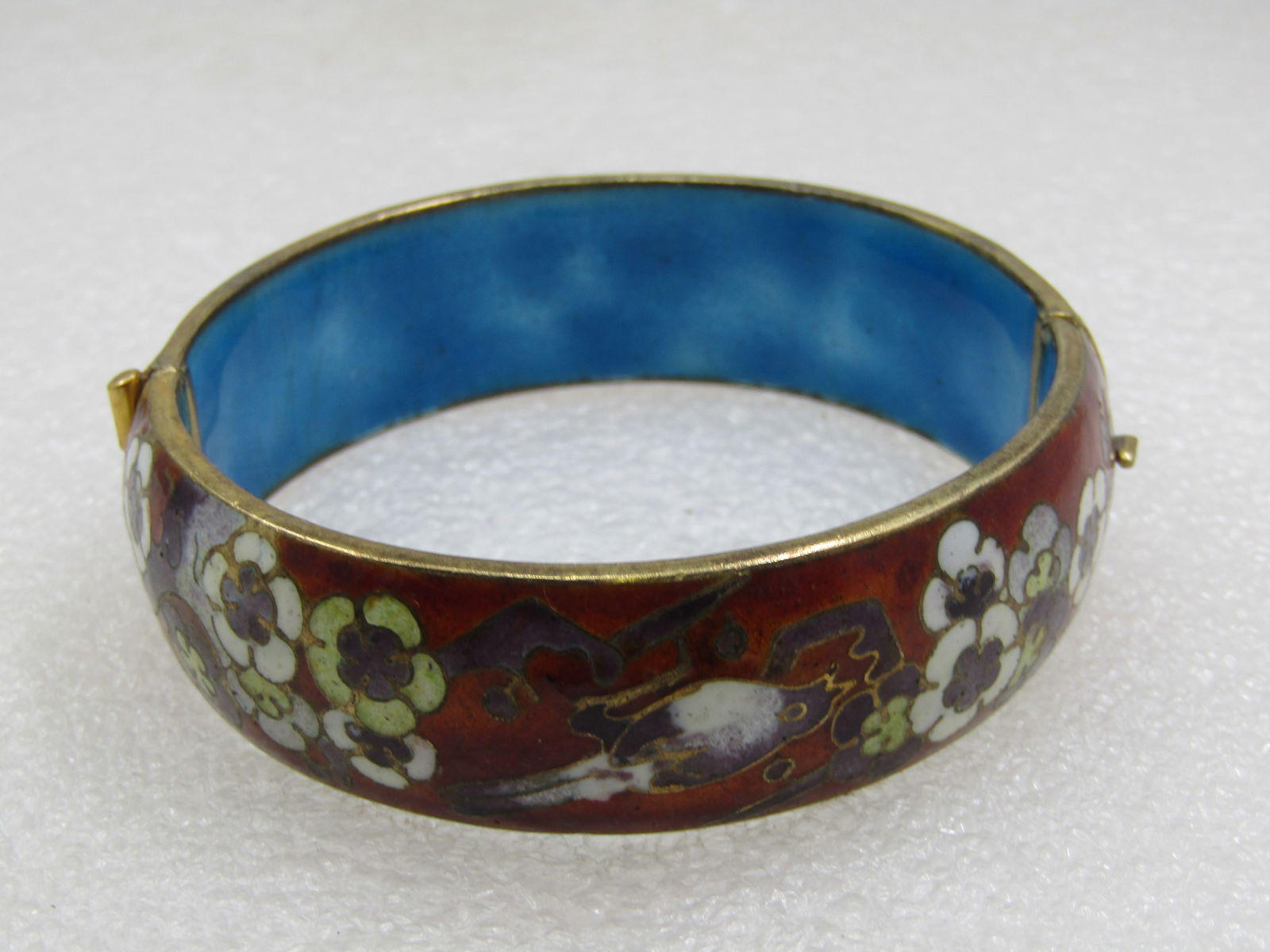 Vintage Chinese Cloisonne Hinged Bangle Bracelet, 7.75", 3/4" Wide, Pre Mid-Century - 4