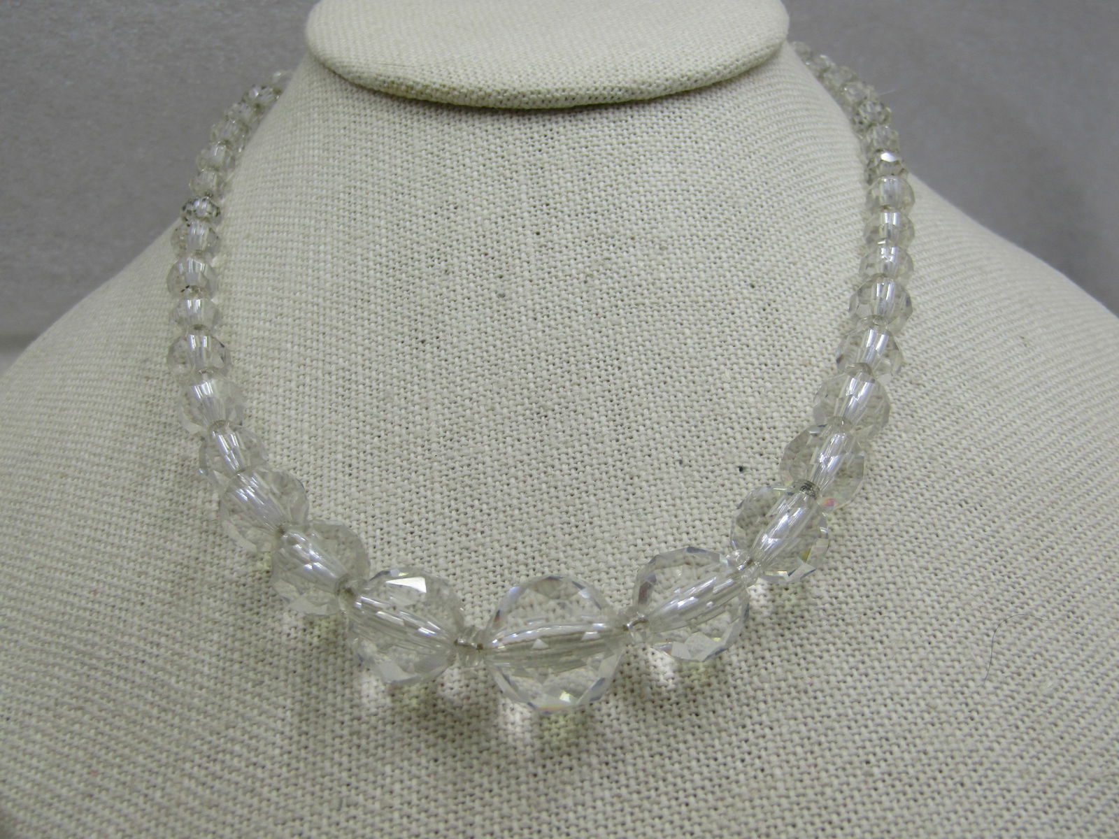 Vintage Crystal Faceted Beaded Necklace, 16", 1930's-1940's: Title: Vintage Crystal Faceted Beaded Necklace, 16", 1930's-1940's Description: Vintage Crystal Faceted Beaded Necklace, 16", Filigree Box Clasp, 1930's-1940's. The beads range from 5.5mm to 13mm. It