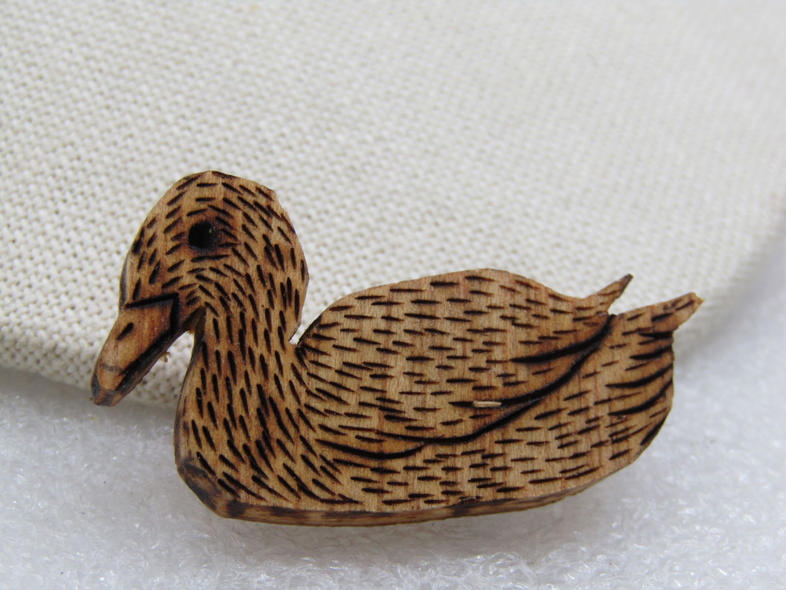 Vintage Wood Burned Duck Brooch, Hand Made, 1989, Signed - 2