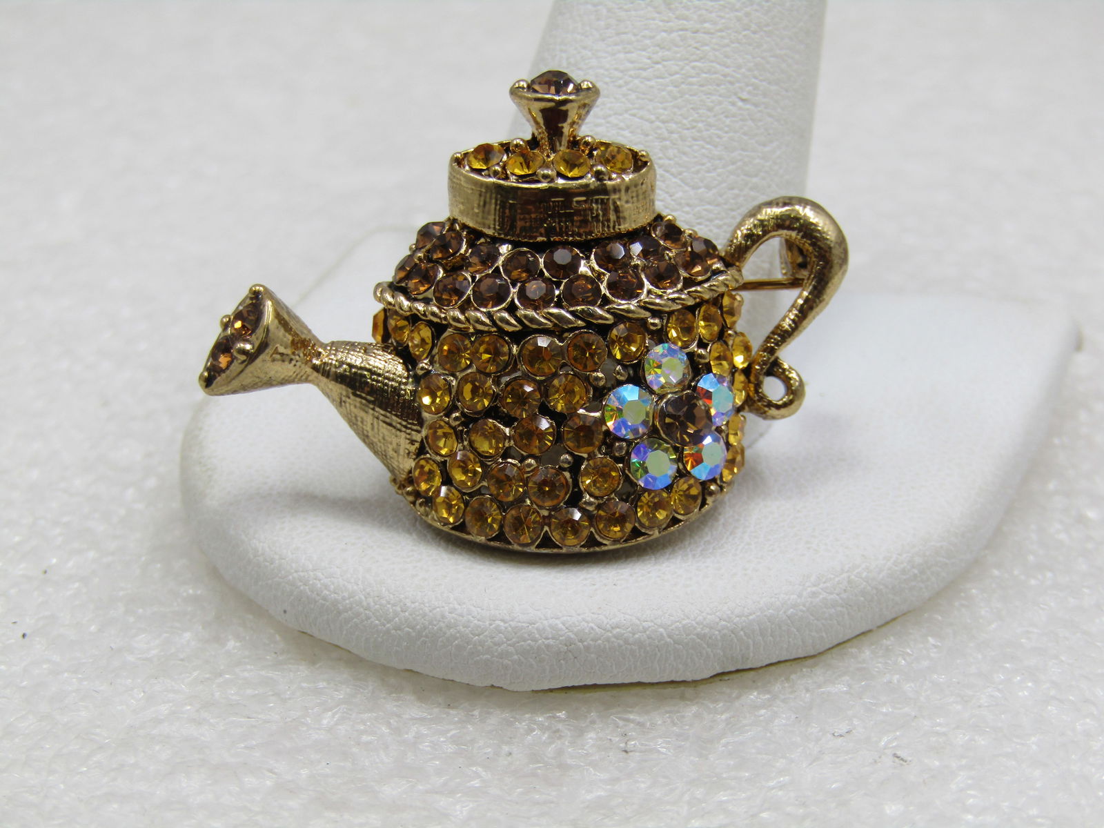 Vintage Rhinestone Teapot Brooch, 1960's, Aurora Borealis - 3