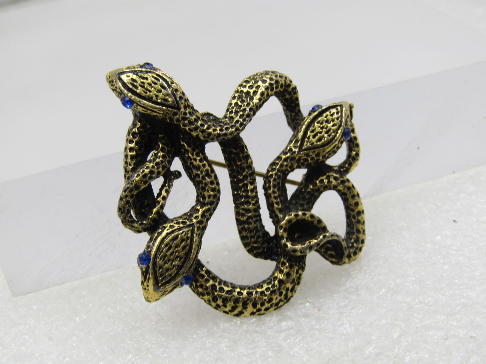 Vintage Triple Snake Brooch, Rhinestone Eyes, Gold Tone, Post Mid-Century - 2
