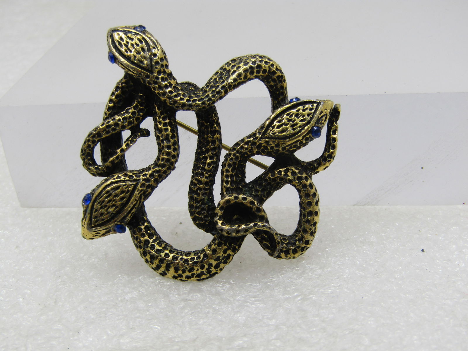 Vintage Triple Snake Brooch, Rhinestone Eyes, Gold Tone, Post Mid-Century - 3