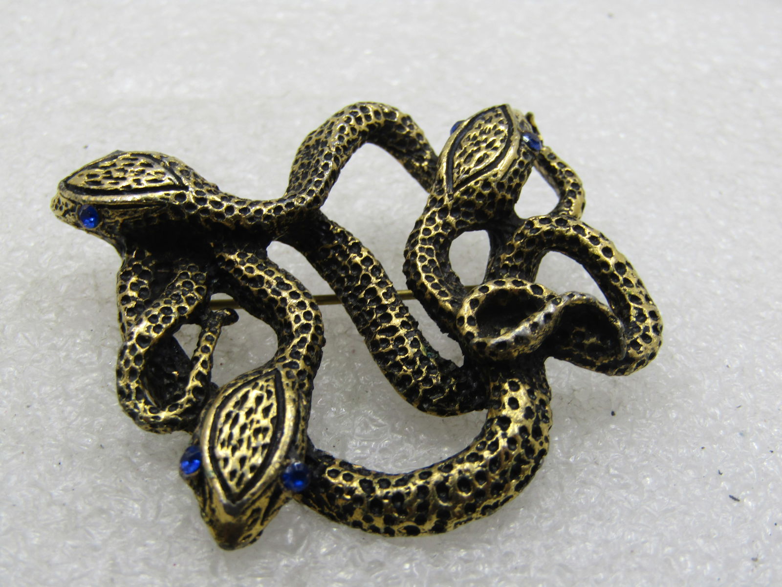 Vintage Triple Snake Brooch, Rhinestone Eyes, Gold Tone, Post Mid-Century - 4