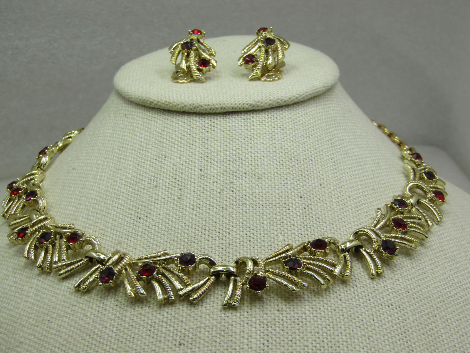 Vintage Coro Red Rhinestone Necklace & Earrings Set, Mid-Century, - 3