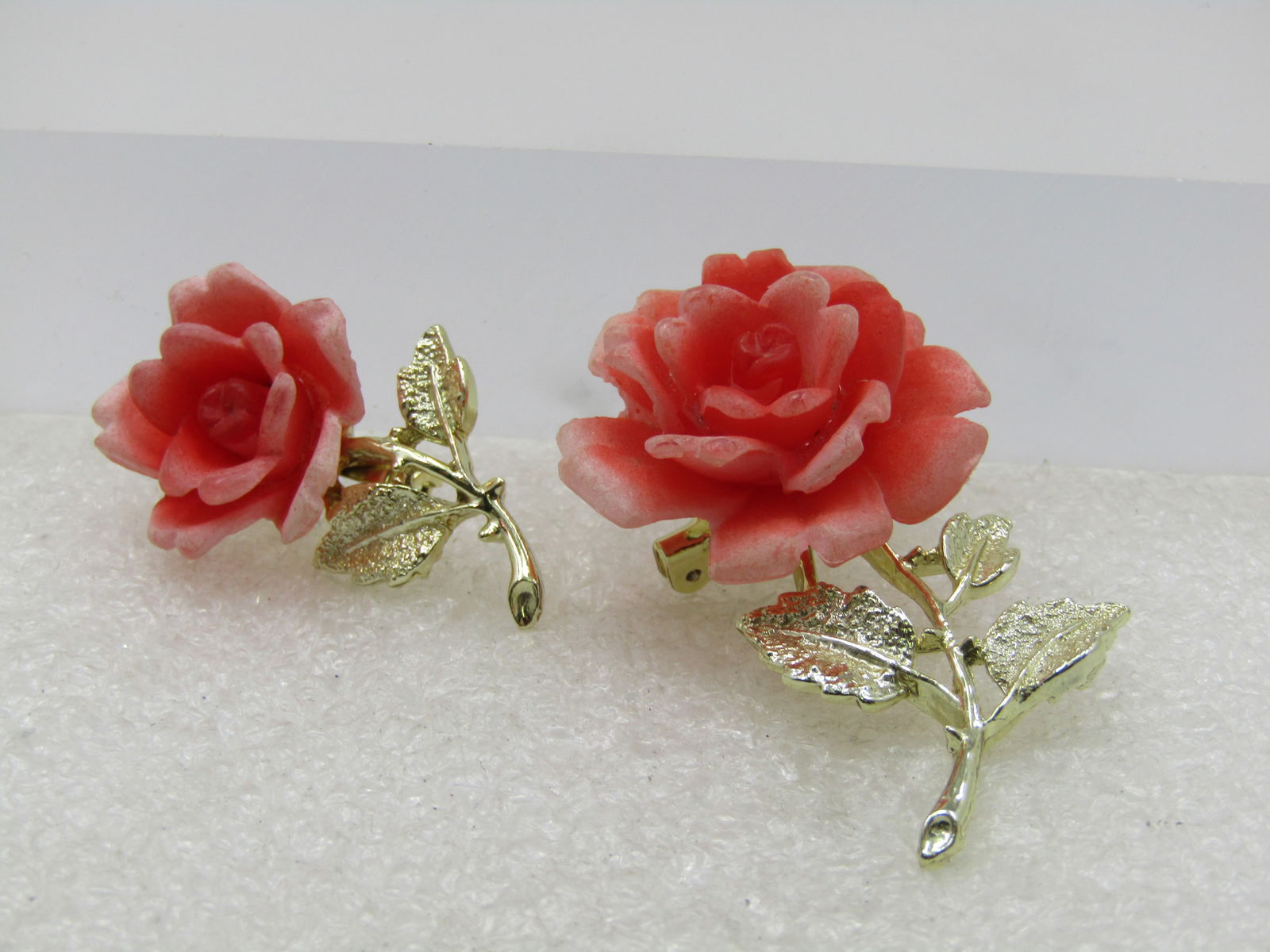 Faux Carved Coral Rose Brooch Set, 1950's-1960's, - 2