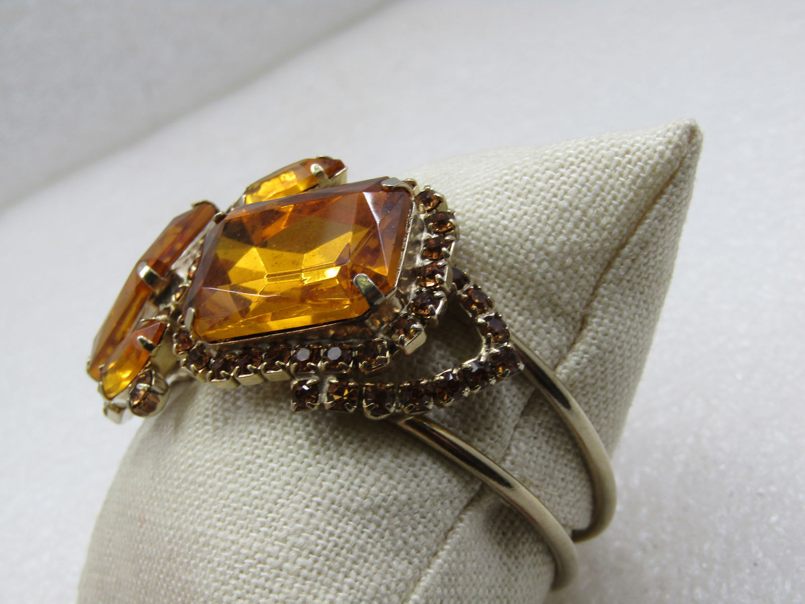 Vintage Golden Rhinestone Hinged Clamper Bracelet, 1960's-1970's, 6"-7" - 3
