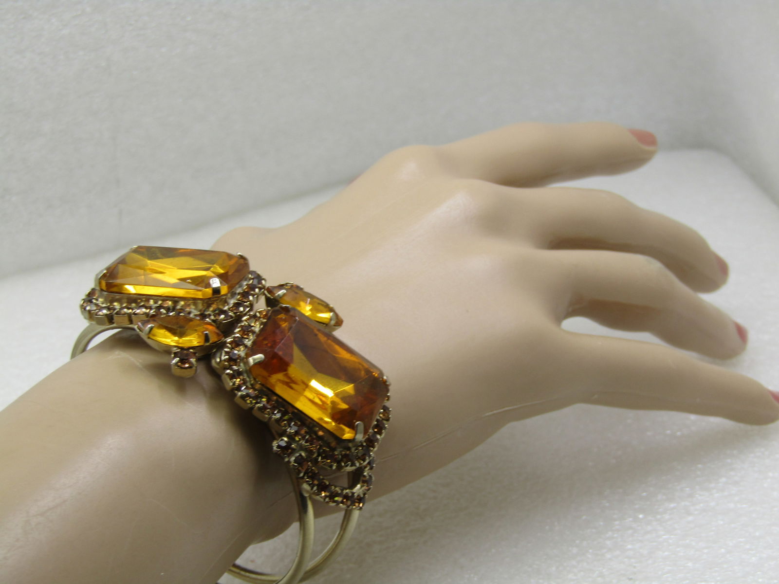 Vintage Golden Rhinestone Hinged Clamper Bracelet, 1960's-1970's, 6"-7" - 7
