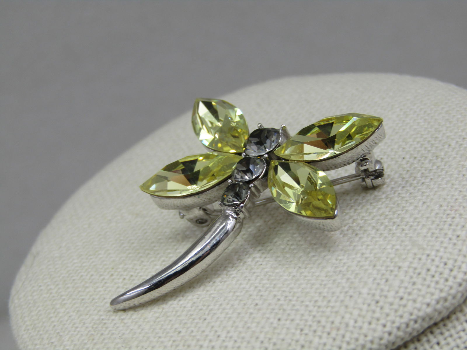 Vintage Rhinetone Dragonfly Brooch, Silver Tone, 1.5" by 1.25" - 2