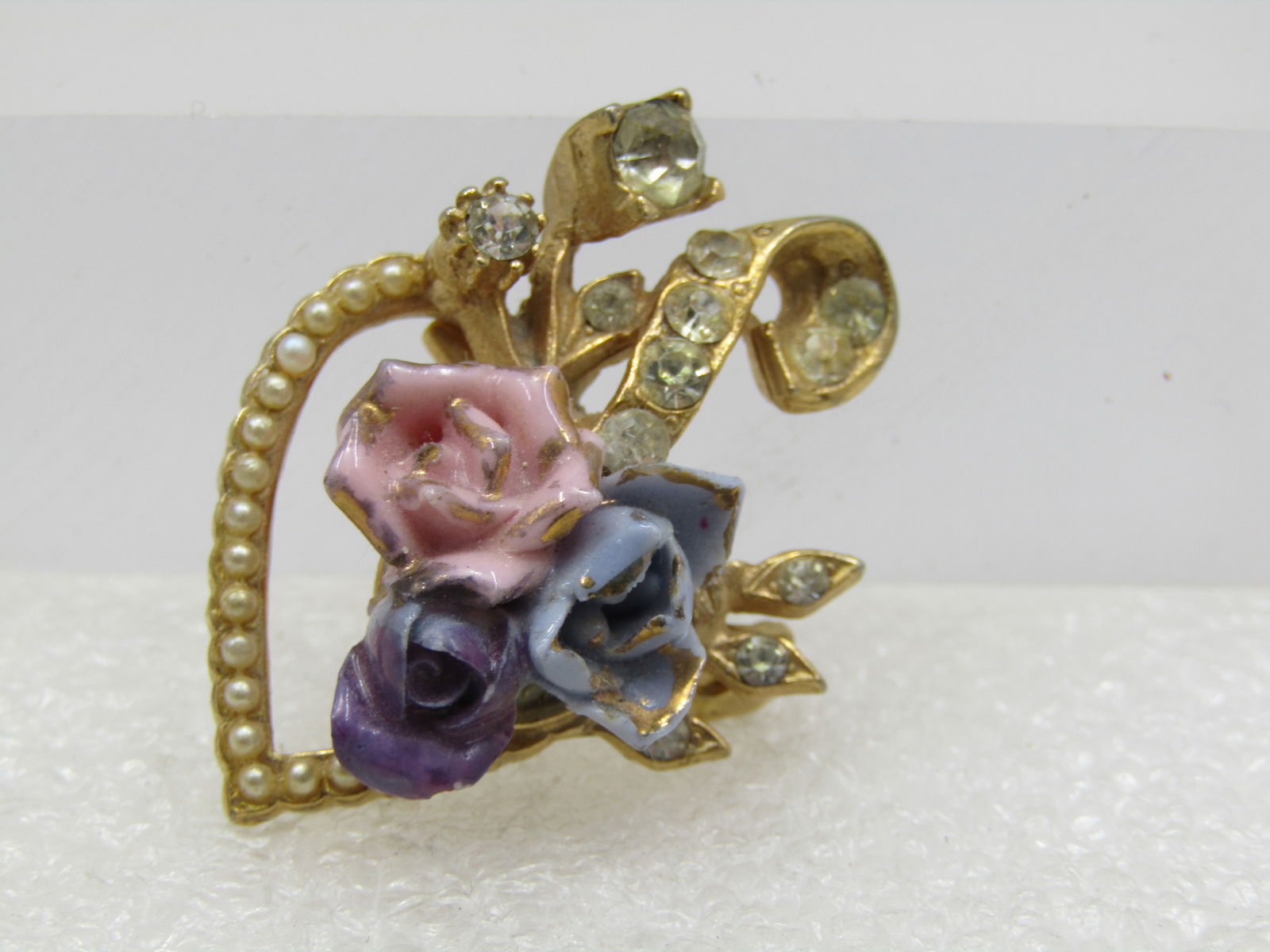 Vintage Heart Brooch, Enameled Flowers, Rhinestones & More, 1950's-1960's (1 of 6)