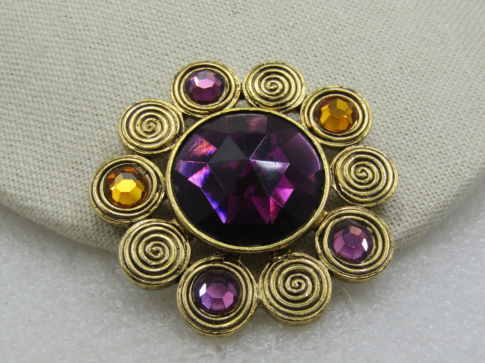 Enameled Silver Tone Bear Tack Pin, Blue & Red, Black Eyes: Title: Enameled Silver Tone Bear Tack Pin, Blue & Red, Black Eyes Description: Vintage Craft Signed Brooch, Purple & Yellow Rhinestones, 2". Gold tone with a center faceted 25mm acrylic rhinestone