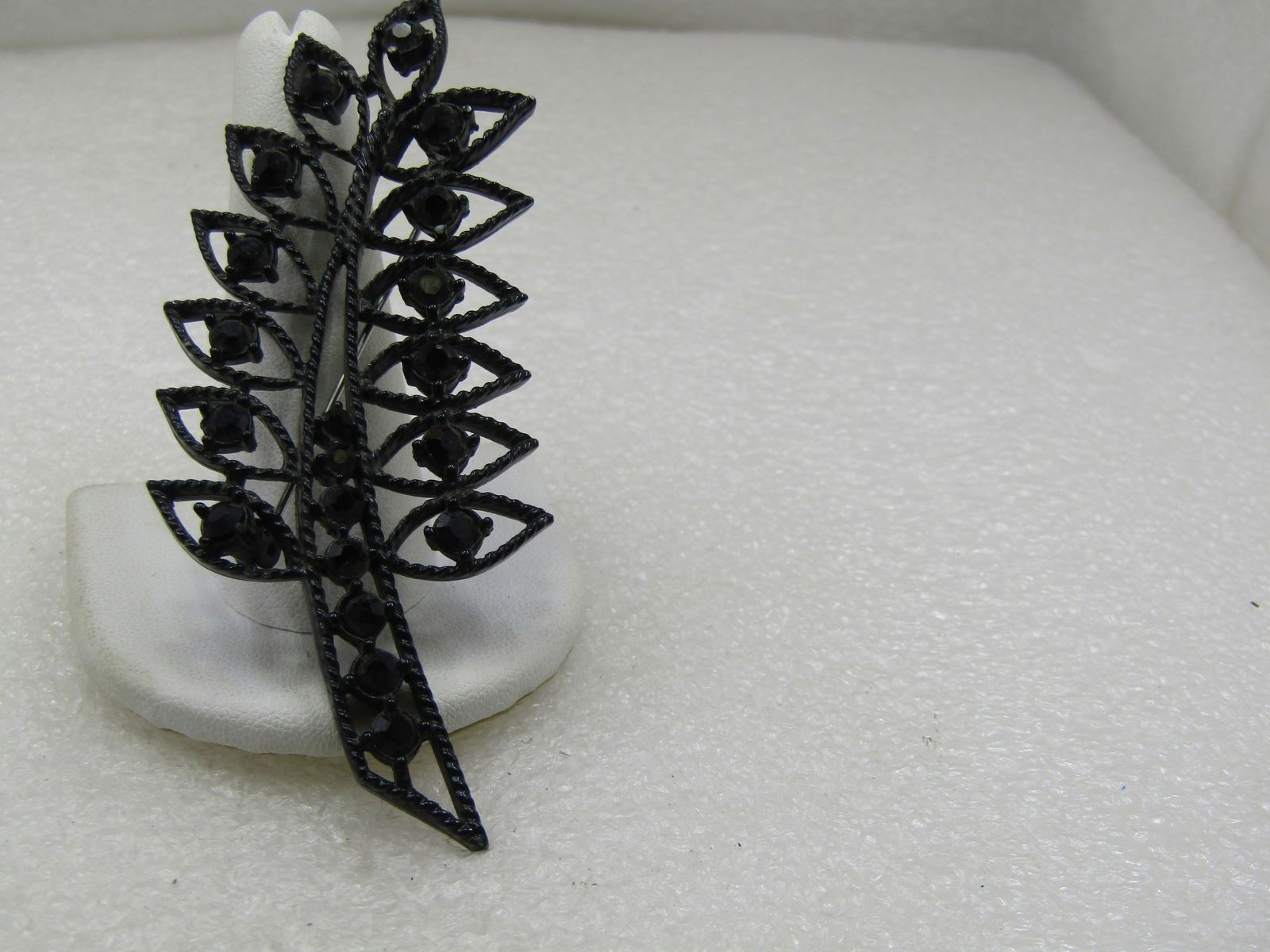 Vintage Black Metal & Rhinestone Leaf Brooch, 3.5" tall - 2