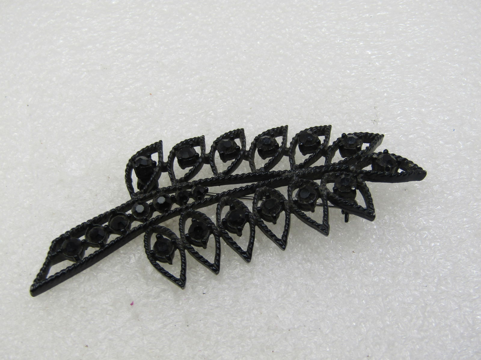 Vintage Black Metal & Rhinestone Leaf Brooch, 3.5" tall - 3