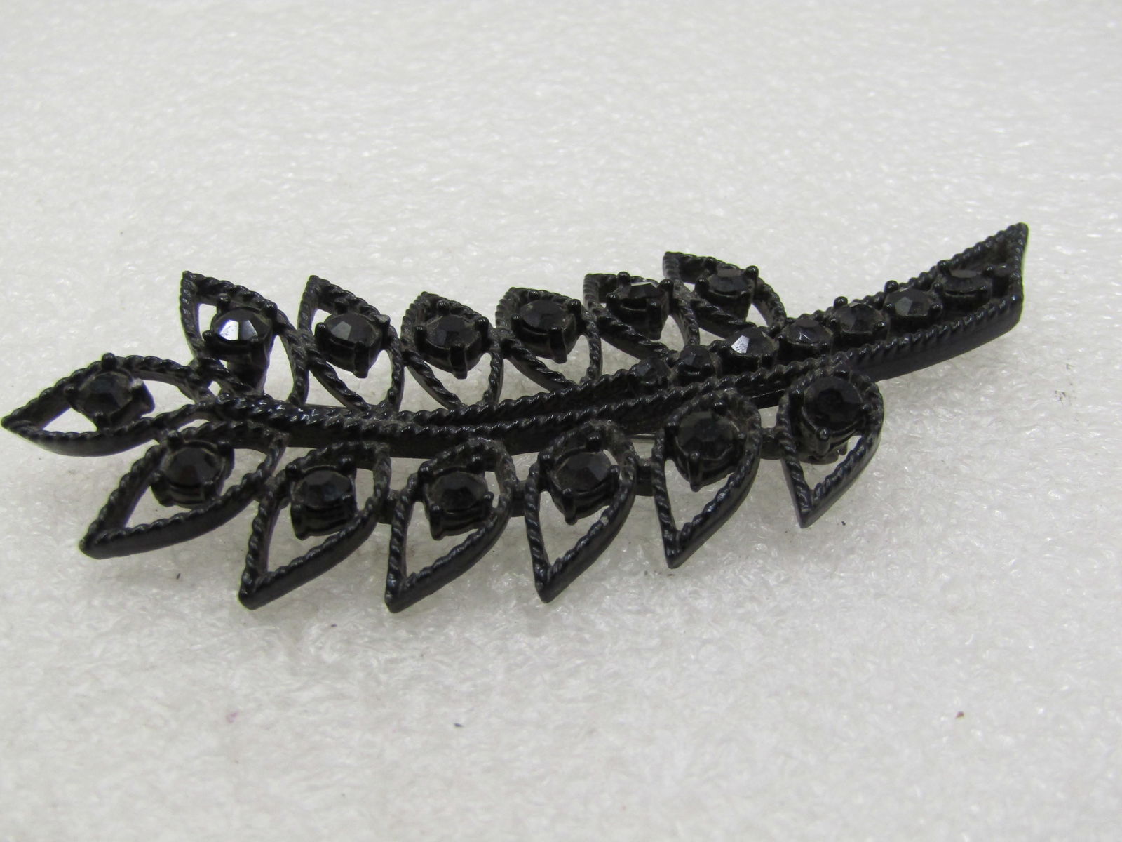 Vintage Black Metal & Rhinestone Leaf Brooch, 3.5" tall - 4