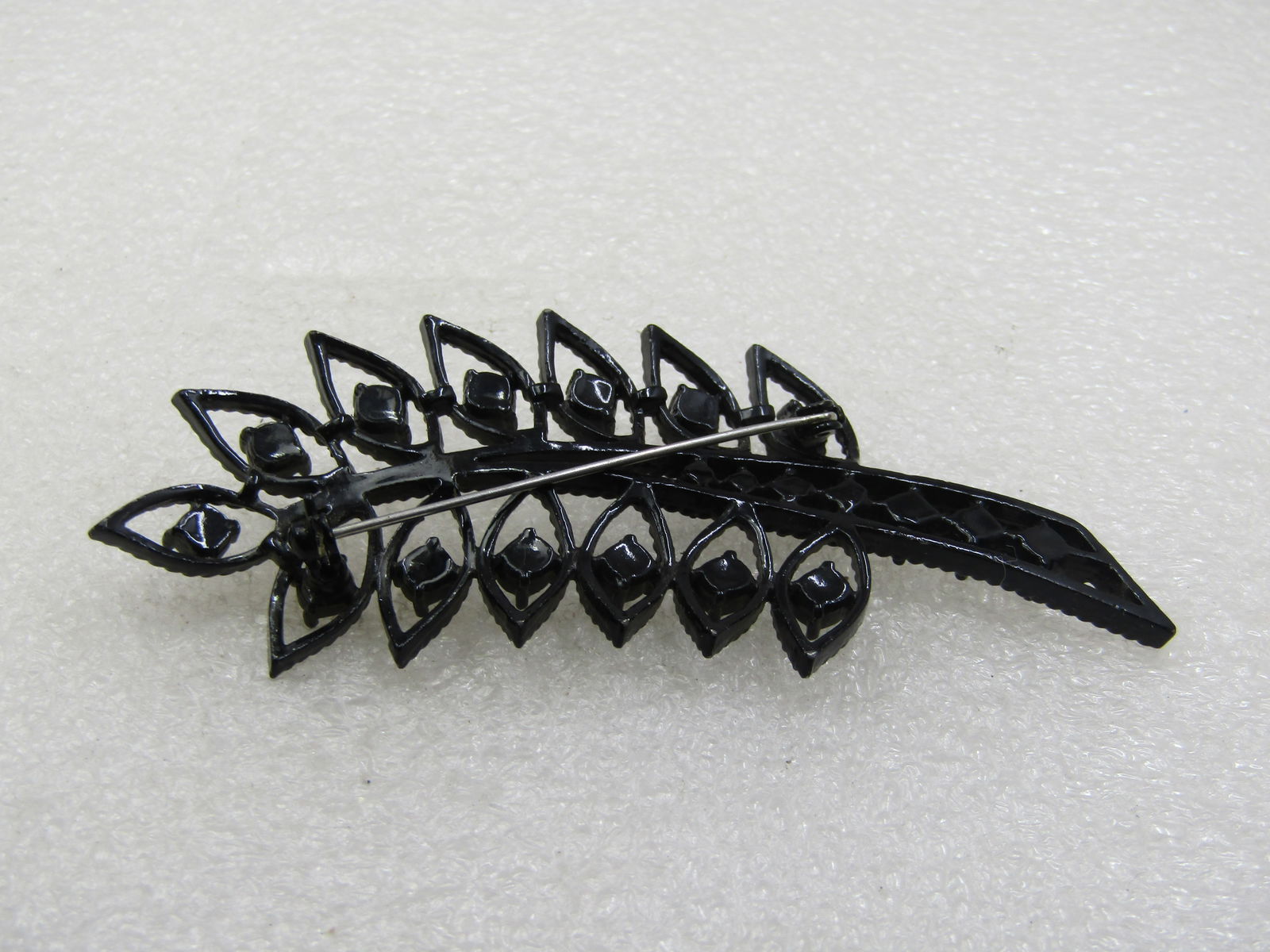Vintage Black Metal & Rhinestone Leaf Brooch, 3.5" tall - 5