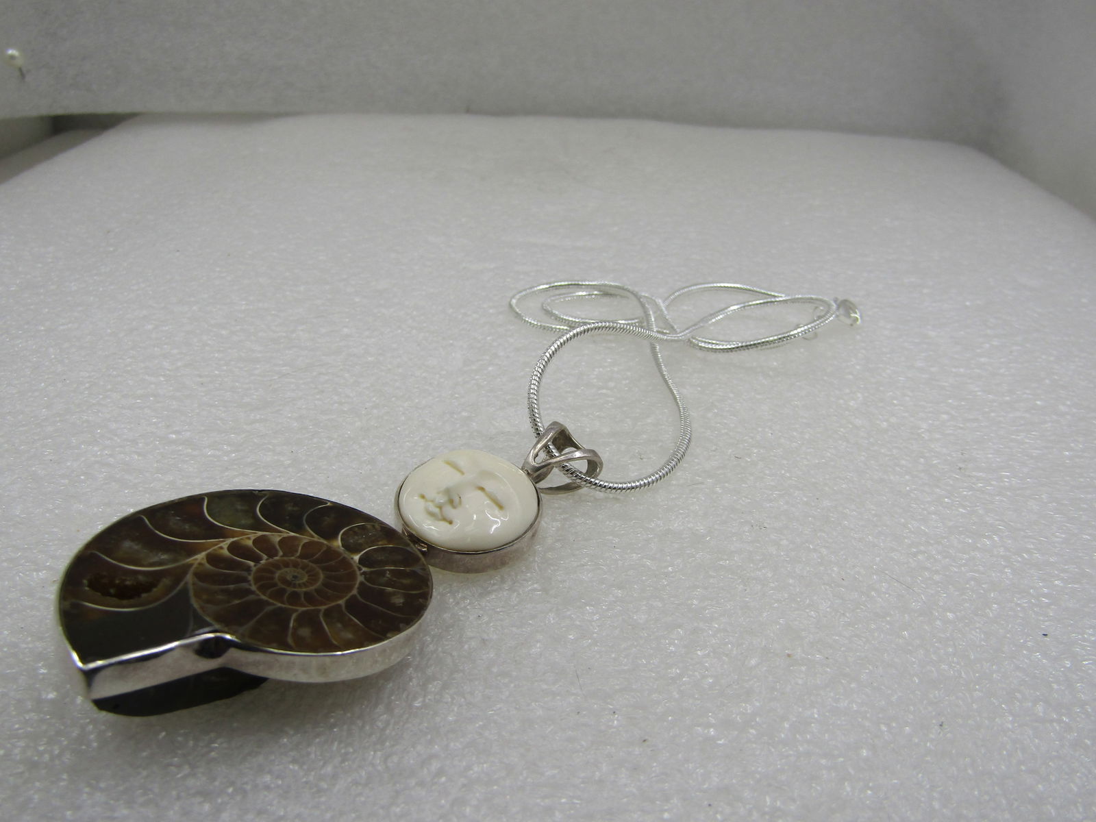Vintage Sterling Ammonite & Moon Face Pendant on 20" Plated Chain - 6
