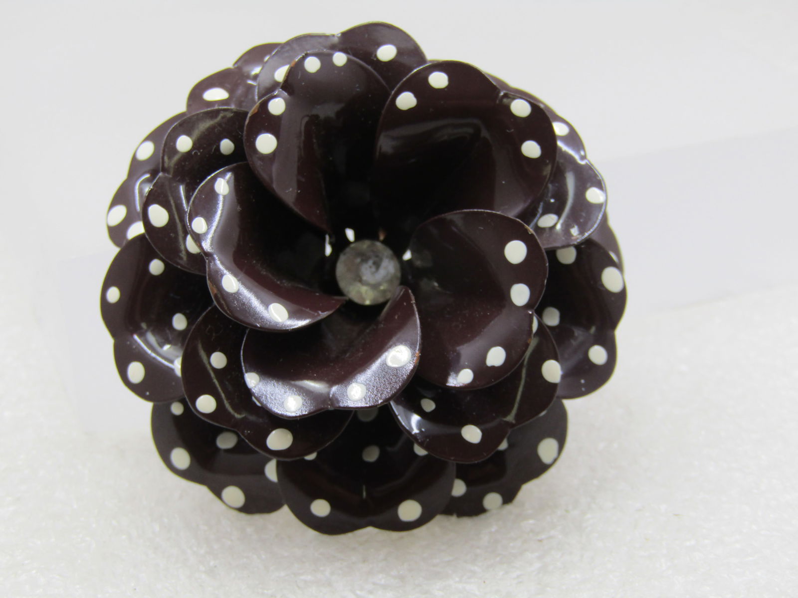 Vintage Brown & White Enameled Brooch, 1960's, Rhinestone Center: Title: Vintage Brown & White Enameled Brooch, 1960's, Rhinestone Center Description: Vintage Brown & White Enameled Brooch, 1960's, Rhinestone Center. It is a three tiered design with each level as