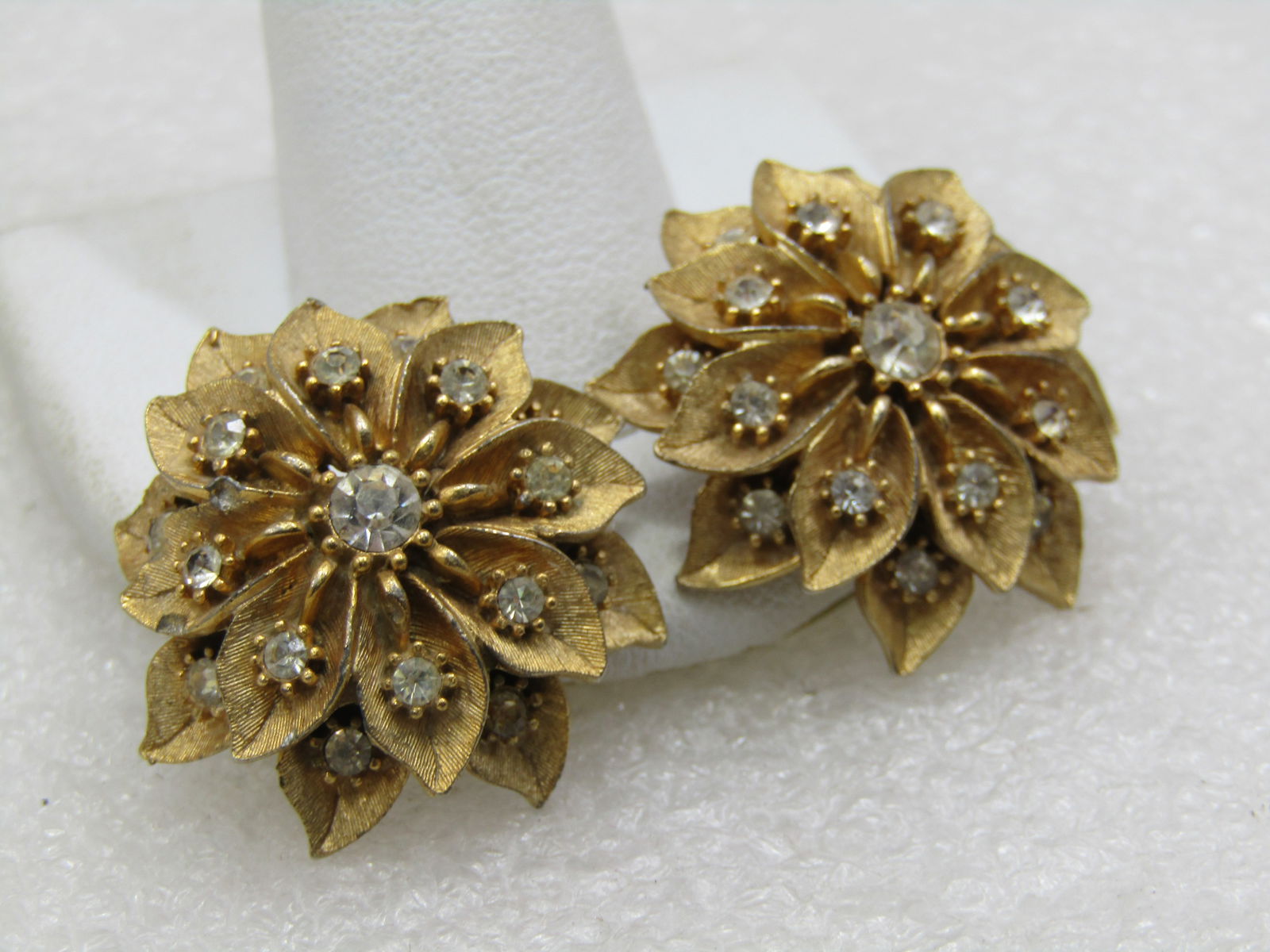 Vintage Gold Tone Rhinestone Blossom Earrings, Clip, 1960's - 2