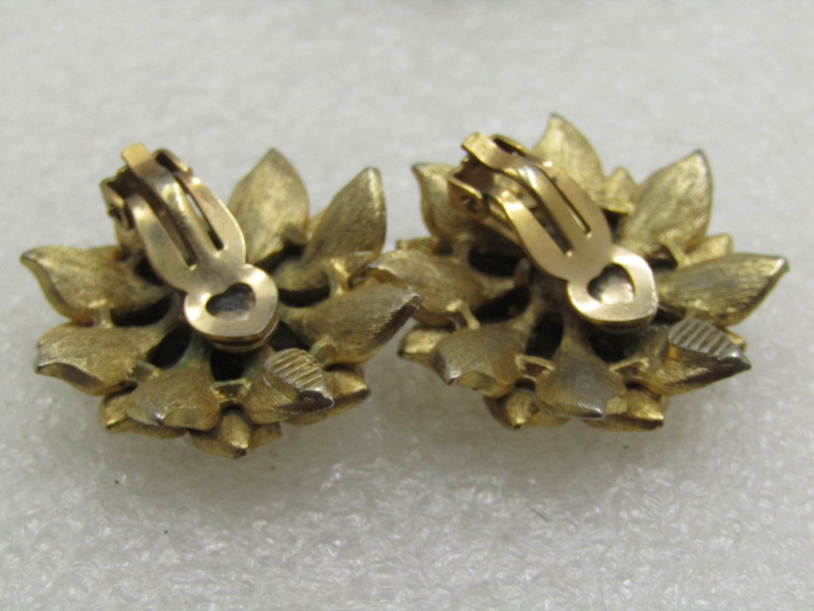 Vintage Gold Tone Rhinestone Blossom Earrings, Clip, 1960's - 4