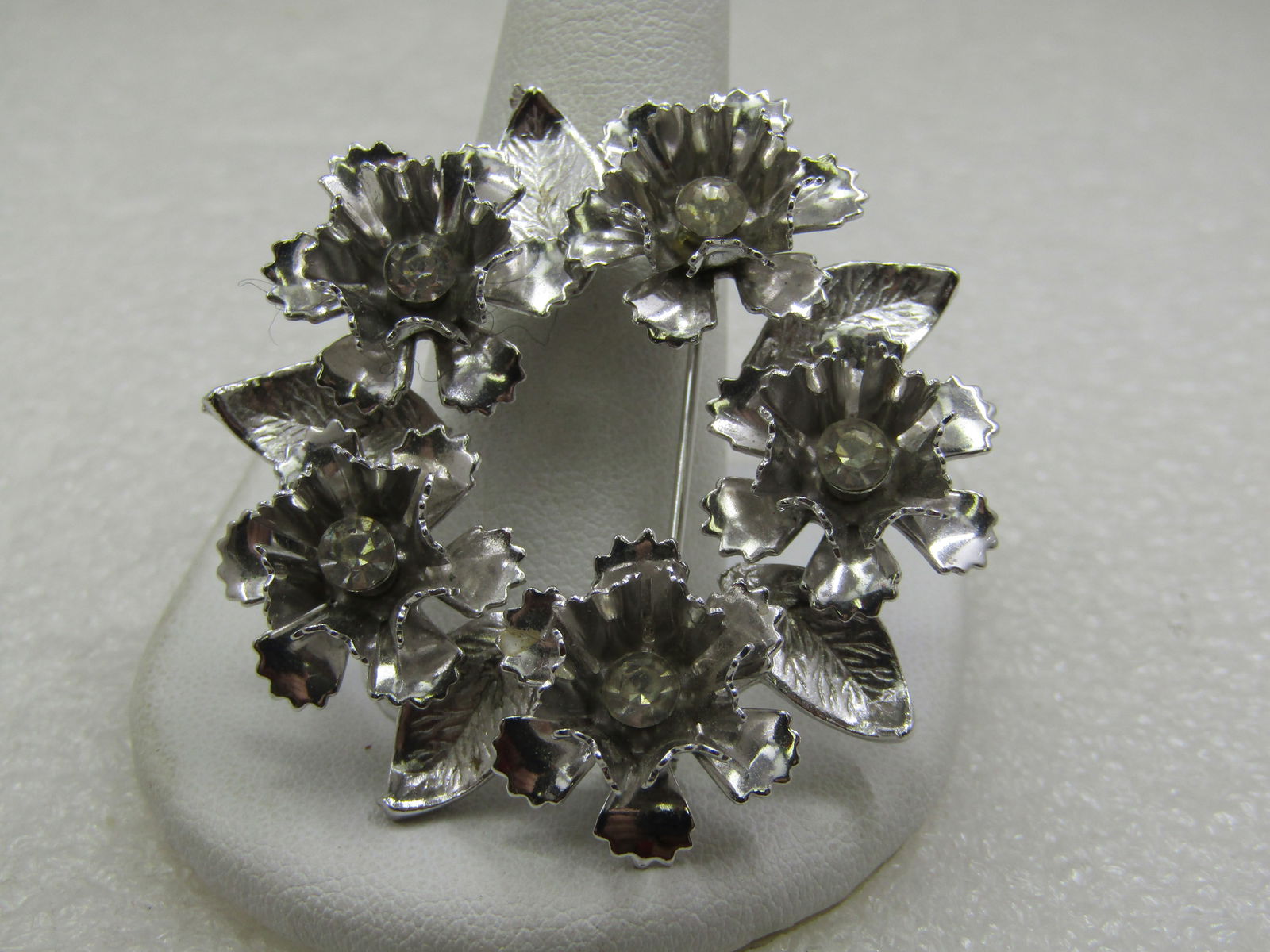 Vintage Floral & Rhinestone Circle Brooch, 1.75", 1960's (1 of 5)