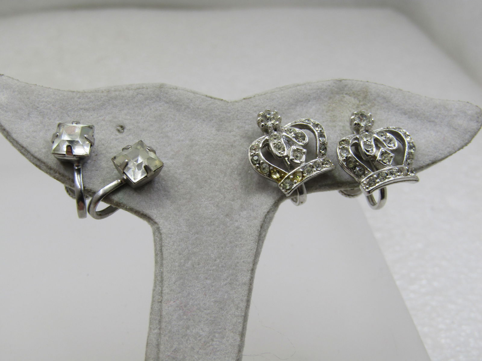Vintage Rhinestone Crown & Stud Screwback Earrings, 1940's, 2 pair - 2