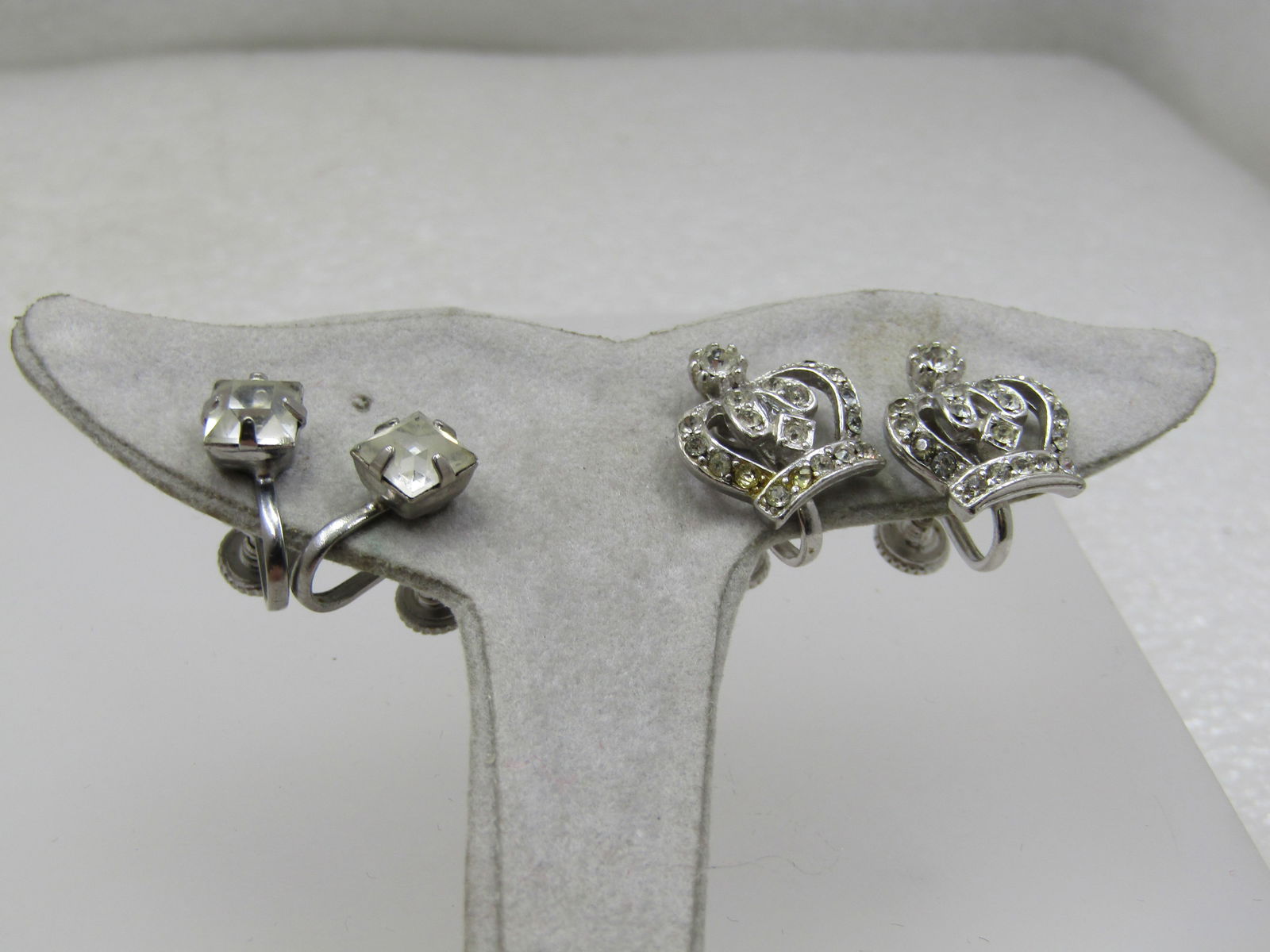 Vintage Rhinestone Crown & Stud Screwback Earrings, 1940's, 2 pair - 3