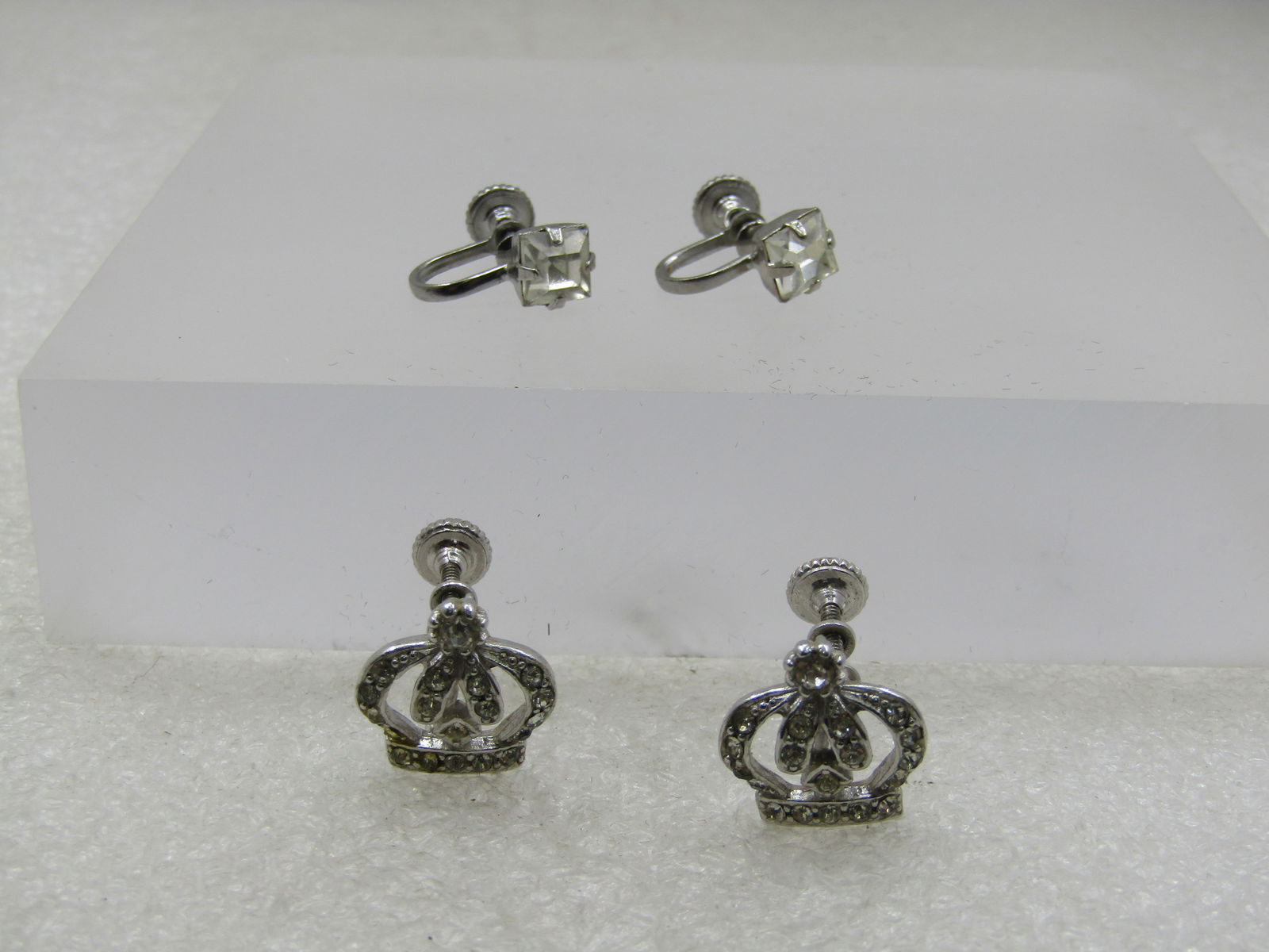 Vintage Rhinestone Crown & Stud Screwback Earrings, 1940's, 2 pair - 4