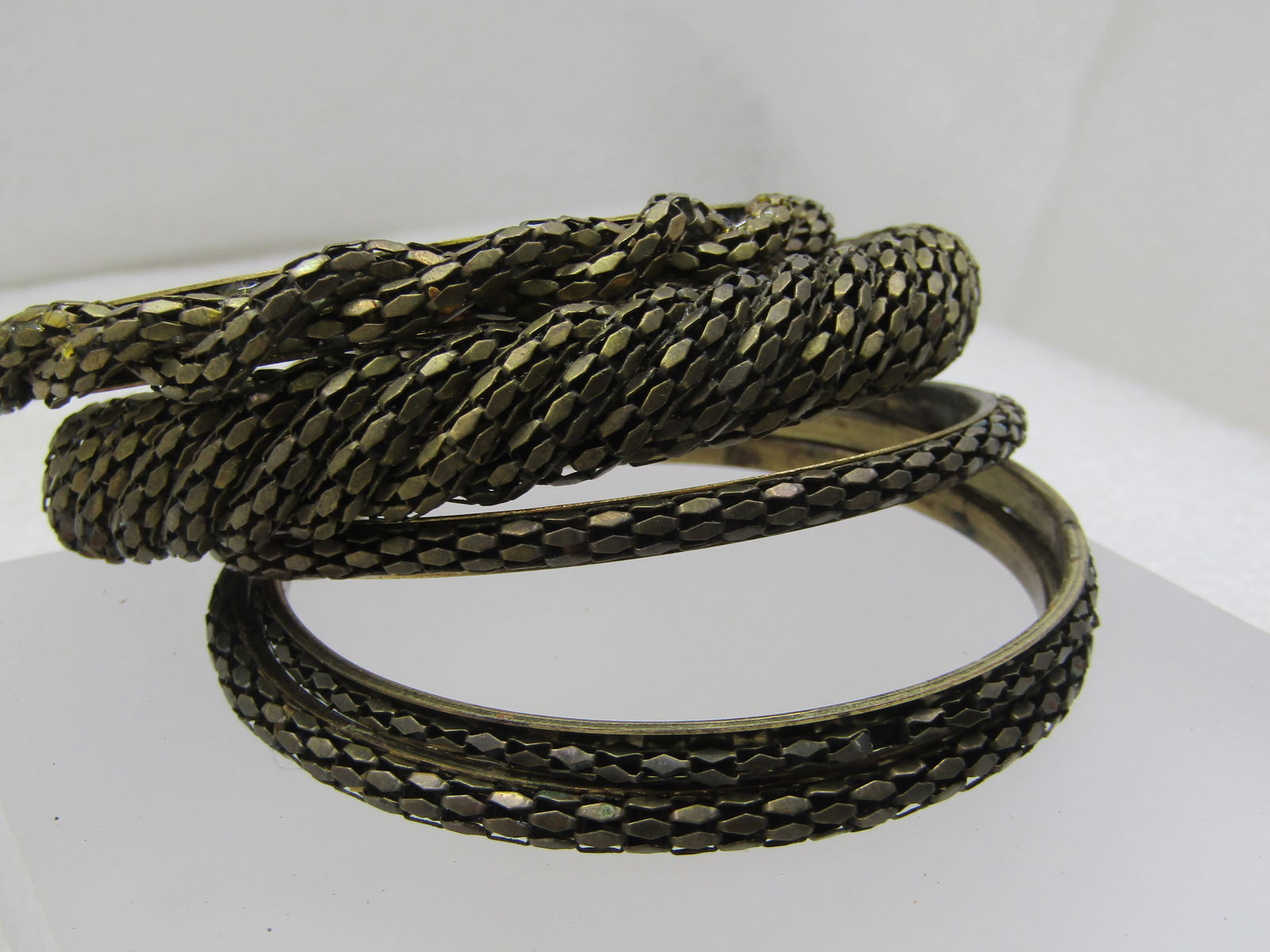 Vintage 5 Stacking Brass Mesh Bangle Bracelets, 8.25" - 2
