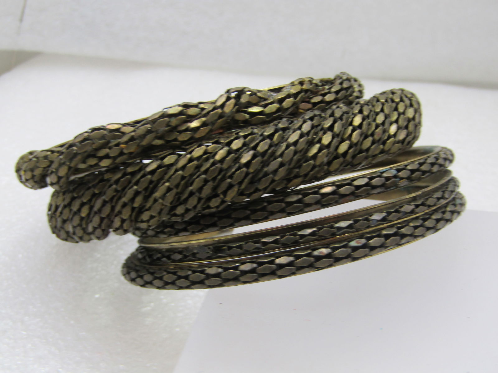 Vintage 5 Stacking Brass Mesh Bangle Bracelets, 8.25" - 3