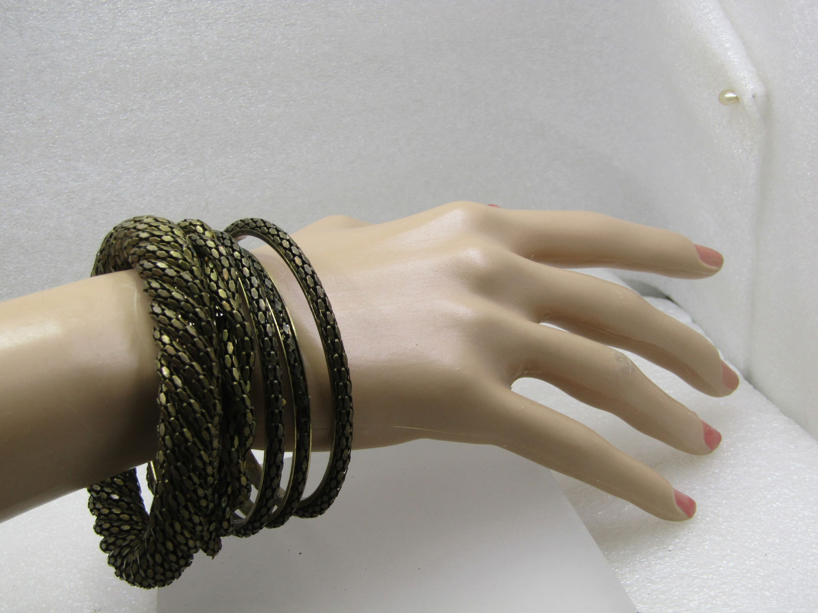 Vintage 5 Stacking Brass Mesh Bangle Bracelets, 8.25" - 6