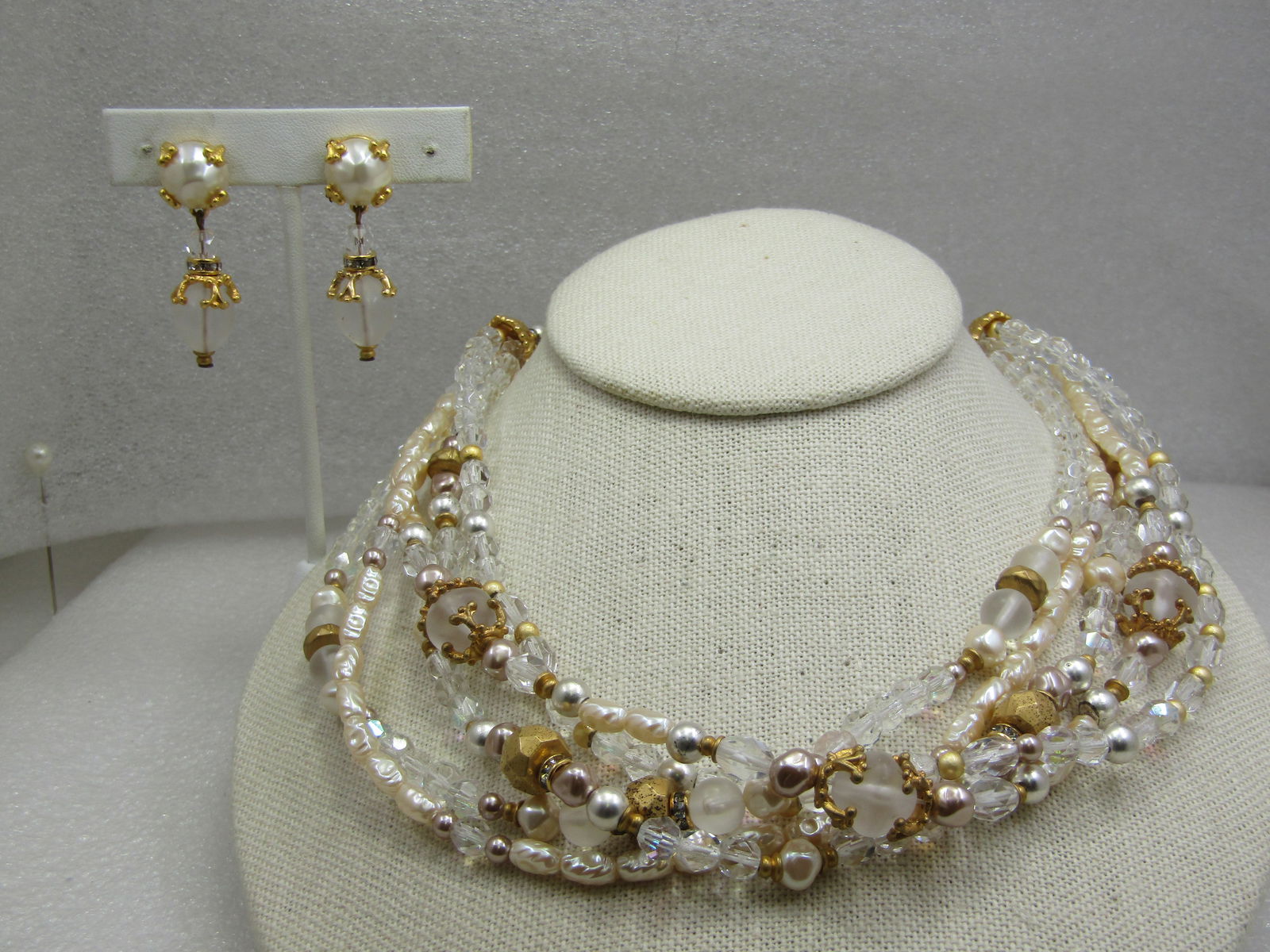 Vintage Liz Claiborne Faux Pearl, Gold Beaded Necklace & Earrings Set, Multi-Strand, 1980's (1 of 5)