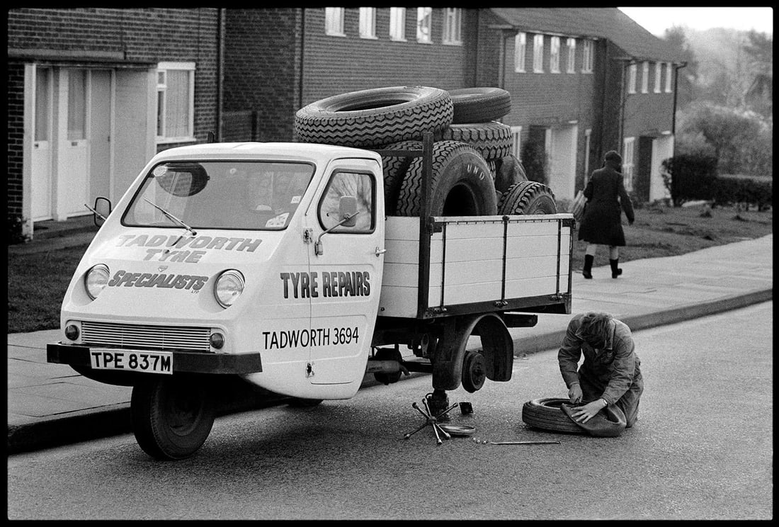 Tyre Repairs By Arthur Steel: 1970 (Printed later): Title: Tyre Repairs By Arthur Steel: 1970 (Printed later) Description: Tyre Repairs By Arthur Steel Paper size: 54 x 41" / 137 x 104 cm Silver Gelatin Print 1970 (printed later) unframed hand signed