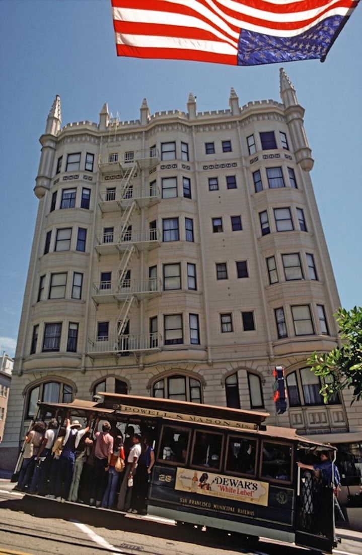 Cable Car America by Alain Le Garsmeur: 1979 (printed later): Title: Cable Car America by Alain Le Garsmeur: 1979 (printed later) Description: Cable Car America by Alain Le Garsmeur A cable car carries passengers through the steep streets of San Francisco,