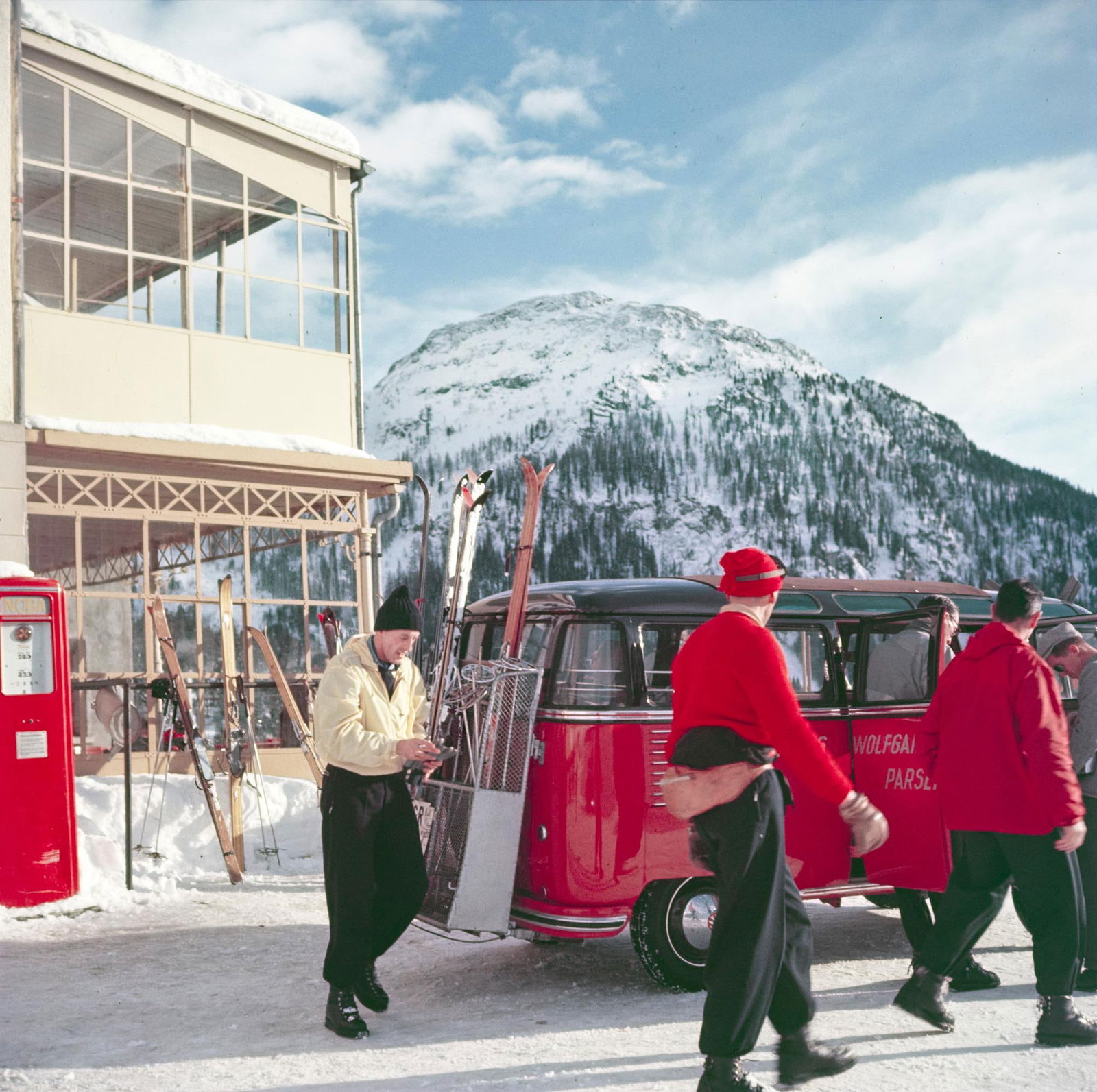 Klosters Ski Bus 1954 Oversize Limited Signature Stamped Edition: 1954 (printed later): Title: Klosters Ski Bus 1954 Oversize Limited Signature Stamped Edition: 1954 (printed later) Description: Klosters Ski Bus 1954 Skiers about to board a VW camper van, Klosters, Switzerland, 1954 by T