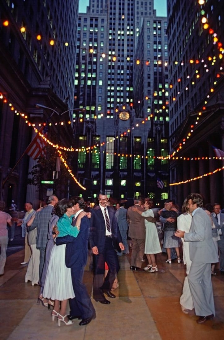 Dancing Partners by Alain Le Garsmeur: 1979 (printed later): Title: Dancing Partners by Alain Le Garsmeur: 1979 (printed later) Description: Dancing Partners by Alain Le Garsmeur People dance under stringed lights outside the Chicago Board of Trade during a Din