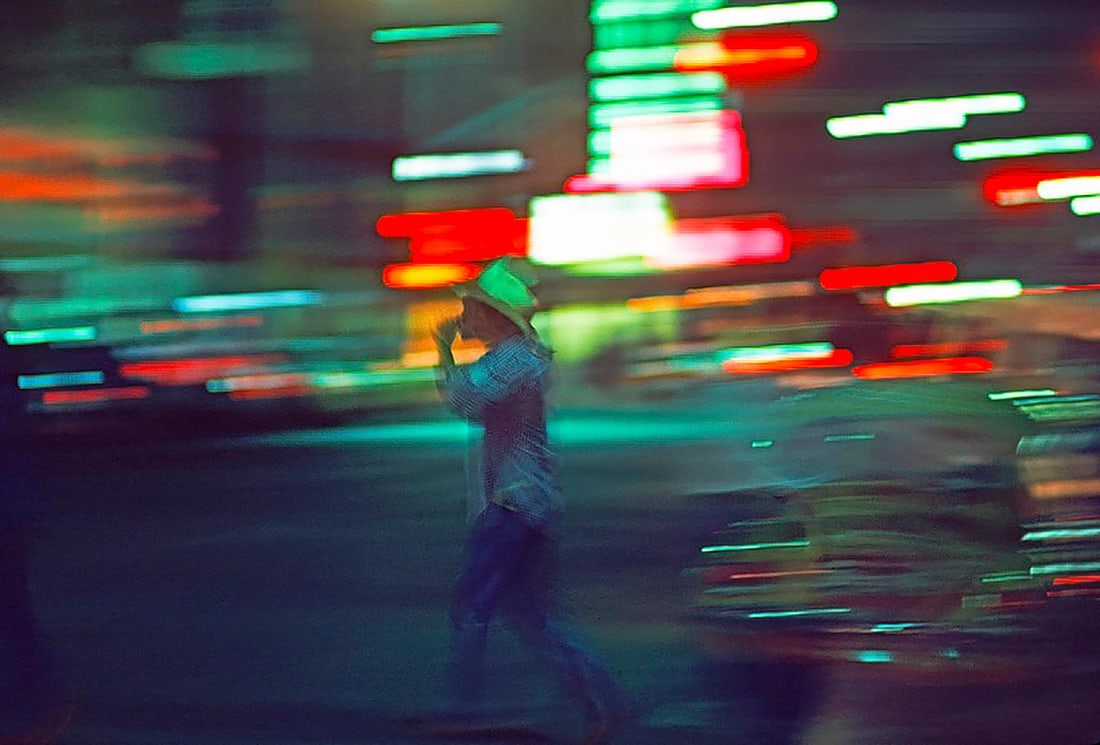 Electric Cowboy by Alain Le Garsmeur: 1979 (printed later): Title: Electric Cowboy by Alain Le Garsmeur: 1979 (printed later) Description: Cheyenne Cowboy by Alain Le Garsmeur Cowboy drinking in the downtown lights, Cheyenne, Wyoming, USA, 1979. Paper size 40