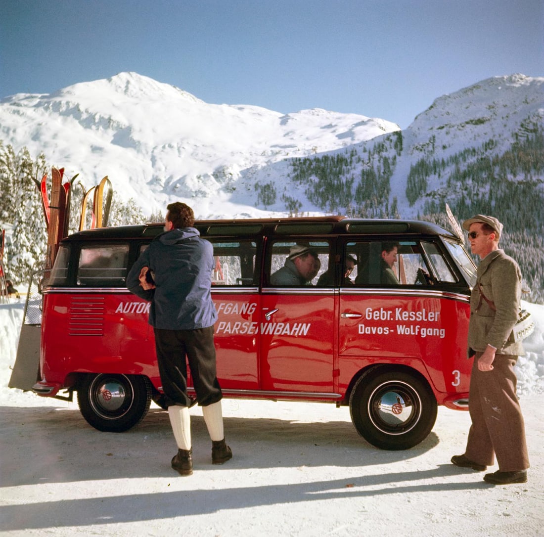 Ski Bus 1951 Giant Oversize Limited Signature Stamped Edition: 1951 (printed later): Title: Ski Bus 1951 Giant Oversize Limited Signature Stamped Edition: 1951 (printed later) Description: Ski Bus 1951 Skiers take a lift in a VW camper van bus, Klosters, Switzerland, 1951. by Toni Fri