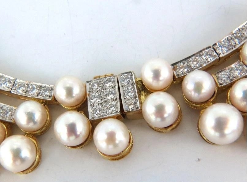 10.00ct Natural Diamonds & Akoya Pearls 18kt Necklace Opera Riviera Deco 12645** - 10