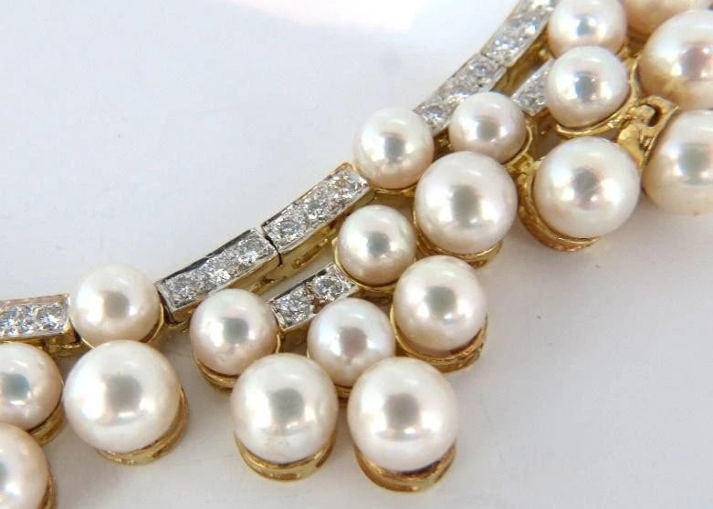 10.00ct Natural Diamonds & Akoya Pearls 18kt Necklace Opera Riviera Deco 12645** - 12