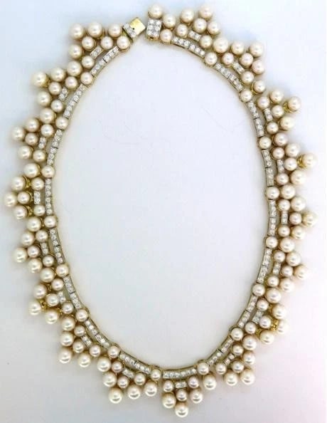 10.00ct Natural Diamonds & Akoya Pearls 18kt Necklace Opera Riviera Deco 12645** - 5