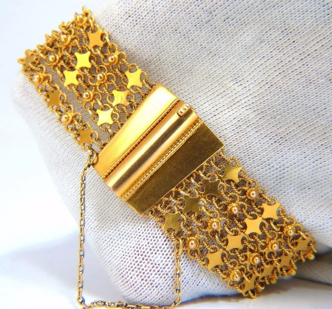 18kt. yellow gold vintage wide caliber bracelet mesh Hinged linked beads 7.50** - 5