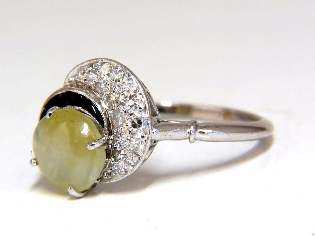 1.85ct natural cabochon chrysoberyl cats eye diamonds ring 14kt Vintage 10683** - 2