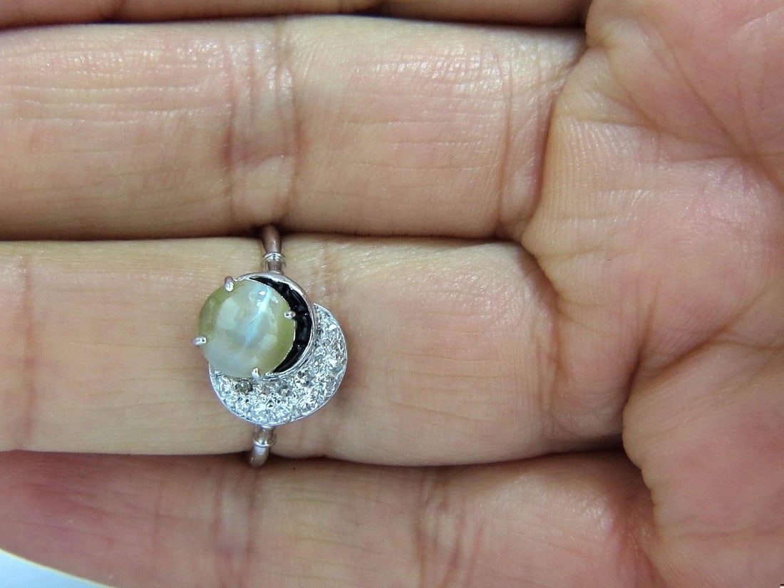 1.85ct natural cabochon chrysoberyl cats eye diamonds ring 14kt Vintage 10683** - 4